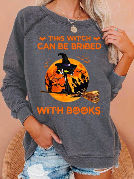 

Womens Halloweenbalck Cat Witch Casual Letters Crew Neck Sweatshirt, Gray, Hoodies&Sweatshirts