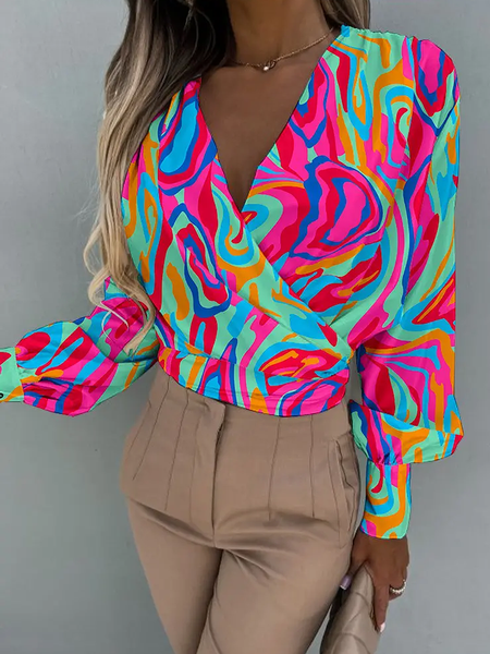 

Regular Fit V neck Long sleeve Abstract Urban Blouse, Multicolor, Blouses and Shirts