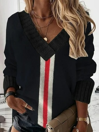 

V Neck Knitting Casual Sweater, Black, Sweaters & Cardigans