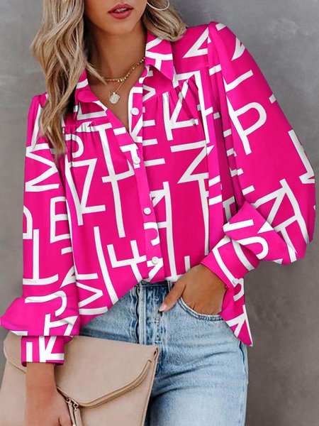 

Urban Text Letters Printed Shirt Collar Blouse, Rose red, Blouses and Shirts