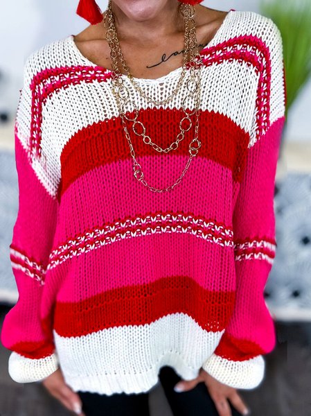 

Yarn/Wool Yarn Crew Neck Regular Fit Sweater, Rose red, Sweaters
