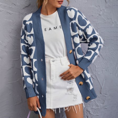 

JFN Heart Print Casual Wrap Cardigan, Blue, Outerwear