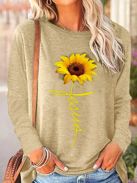 

Womens Sunflowers Jesus Long Sleeve Top, Apricot, Long sleeves