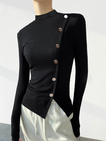 High Elasticity Urban Stand Collar Long sleeve Tight T-Shirt, Black, Tees