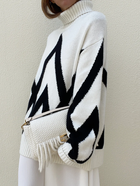 

High Elasticity Striped Urban Turtleneck Long sleeve Loose Sweater, Off white, Pullovers