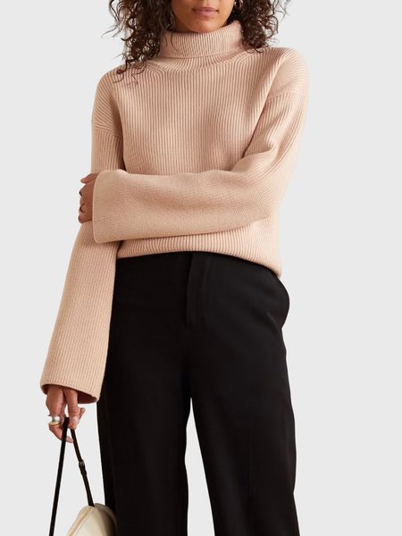 

Turtleneck Simple Plain Long Sleeve Sweater, Nude, Pullovers