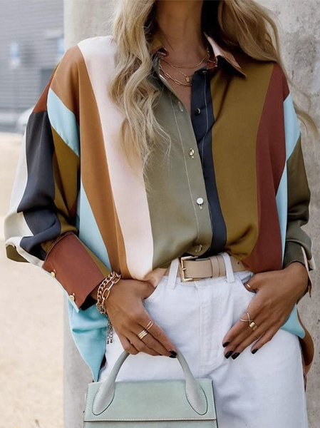 

Color Block Casual Loose Striped Blouse, Multicolor, Blouses & Shirts