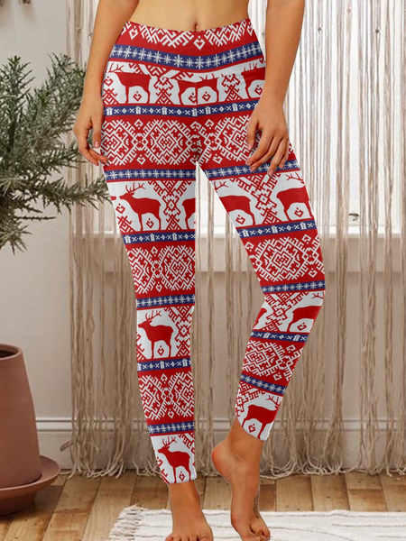 

Women Simple Christmas Deer Leggings, Red, Leggings