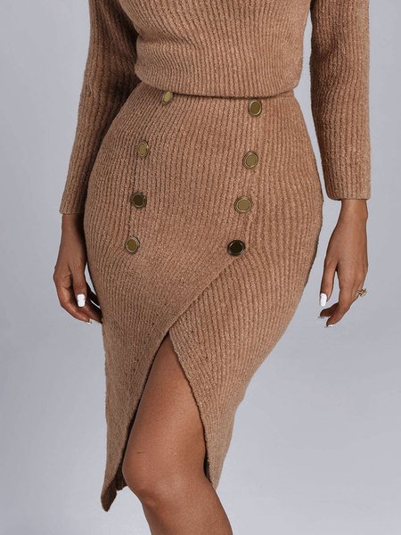 

Daily High Waist Simple Regular Fit Plain Skirt, Coffee, Knit Bottoms