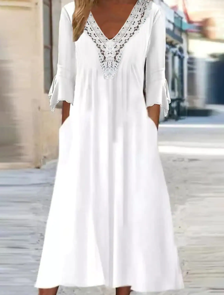 

Plain Casual V Neck Dresses, White, Midi Dresses