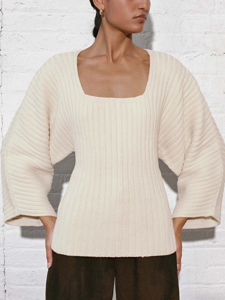 

Long sleeve Regular Fit Elegant Square Neck Sweater, Beige, Pullovers