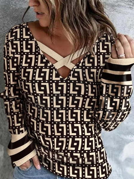 

V Neck Casual Geometric Print Long Sleeve Top, Khaki, Tops