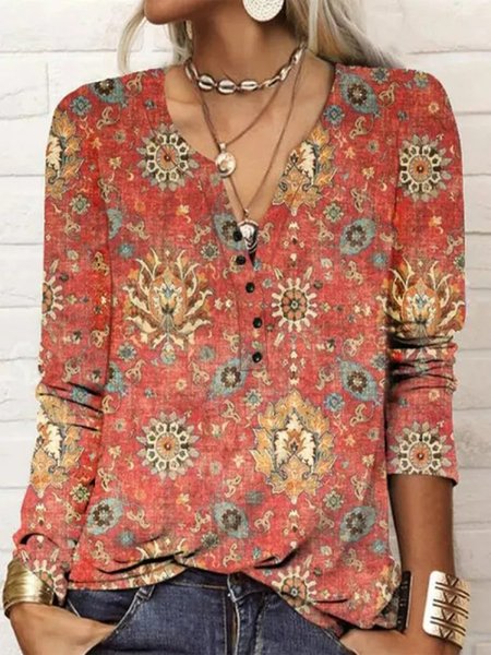 

Boho V Neck Ethnic Floral T-Shirt, Red, T-Shirts
