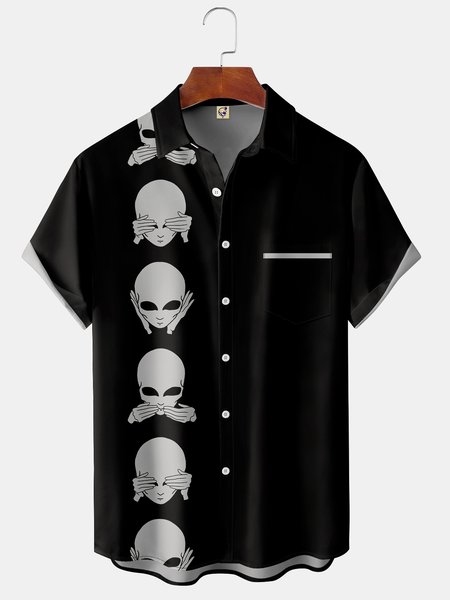 

Alien Chest Pocket Short Sleeve Bowling Shirt, Black, Men Shirts