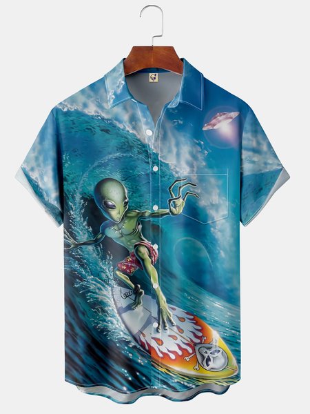 

Surf Alien Breast Pocket Short Sleeve Shirt Tech Lapel Print Top, Blue, Short Sleeve Shirts