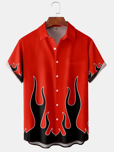 

Flame Pattern Chest Pocket Short Sleeve Shirt, Red, Men Shirts
