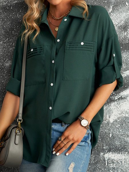 

Plain Shawl Collar Buttoned Blouse, Green, Shirts & Blouses