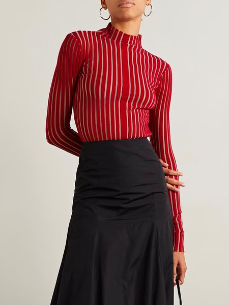 

Urban Stand Collar Striped Long Sleeve Sweater, Red, Pullovers