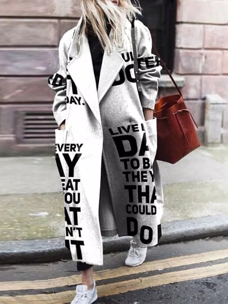 

Lapel Collar Text Letters Loose Casual Overcoat, Gray, Trench Coats
