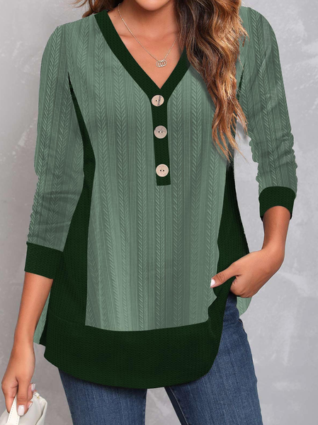 

Plain Buttoned V neck Regular Fit Casual Tops, Green, Tunics