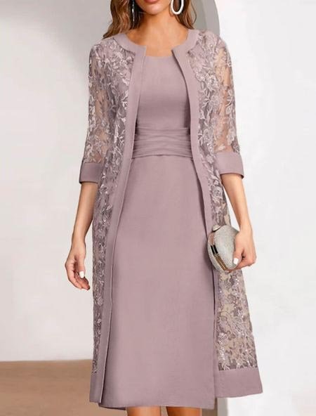 

Elegant Party Plain Dress & Lace Outer Two Piece, Dusty pink, Suit Set