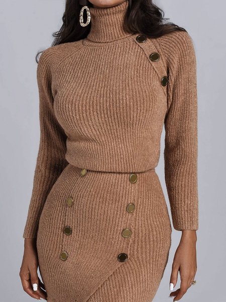 Plain Daily Long sleeve Simple Turtleneck Sweater, Coffee, Pullovers