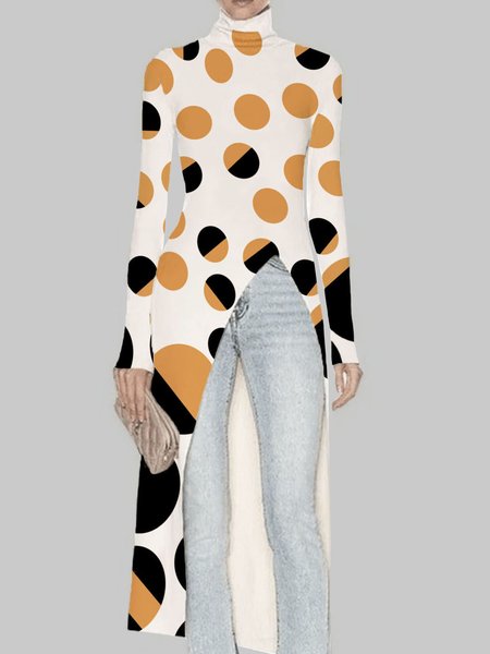 

Polka Dots White Daily Long sleeve Simple Turtleneck T-Shirt, Linen Tops