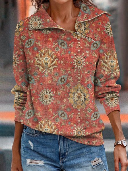 

Loose Boho Ethnic Zipper Sweatshirt, Multicolor, Sweatshirts & Hoodies