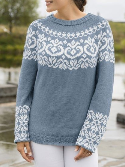 

Wool/Knitting Ethnic Crew Neck Sweater, Blue, Sweaters