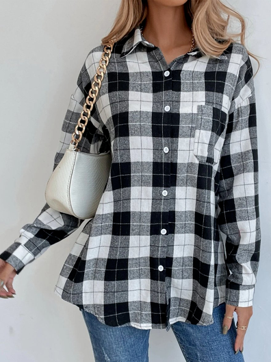 

Cotton-Blend Loose Plaid Blouse, Black-white, Shirts & Blouses