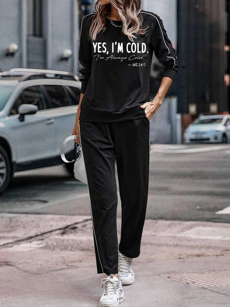 

Text Letters Crew Neck Casual Two Piece Sets, Black, Suit Set