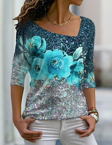 

Square Neck Casual Floral Regular Fit T-Shirt, Blue, T-Shirts
