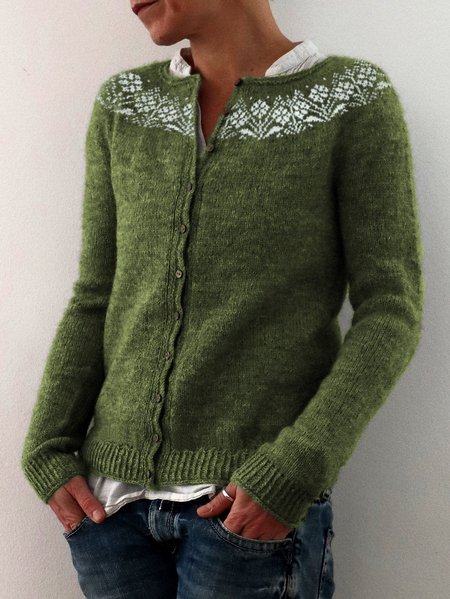 

Ethnic Pattern Wool/Knitting Casual Crew Neck Sweater Coat, Green, Outerwear