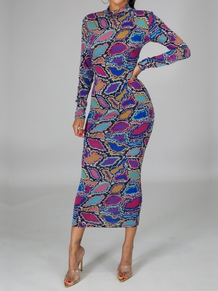 

High ElasticityTight Stand Collar Long sleeve Geometric Elegant Dress, Multicolor, Maxi Dresses