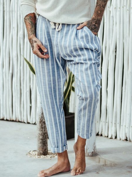 

Men's Cotton Linen Striped Casual Trousers, Blue, Men's pants