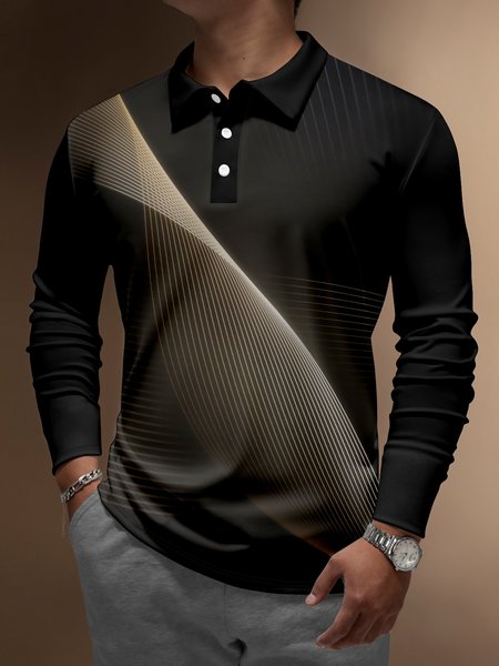 

Casual Art Collection 3D Gradient Striped Geometric Block Pattern Lapel Button Long Sleeve Print Polo Shirt, Black, Long Sleeve T-shirts
