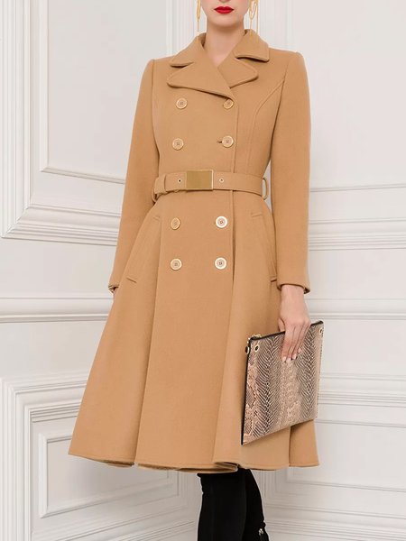 

Daily Long sleeve Elegant Plain Lapel Collar Overcoat, Khaki, Coats