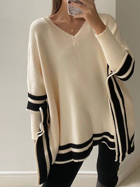

High Elasticity Loose V neck Long sleeve Sweater, Apricot, Pullovers