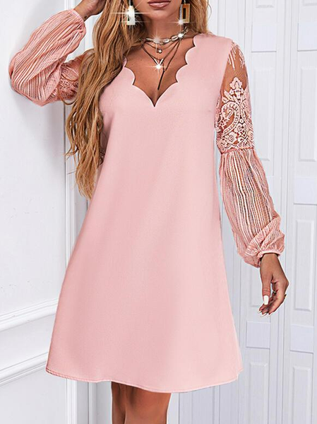 

Urban Solid Lace Long Sleeves Shift Knee Length Casual Tunic Prom Dresses, Pink, Dresses