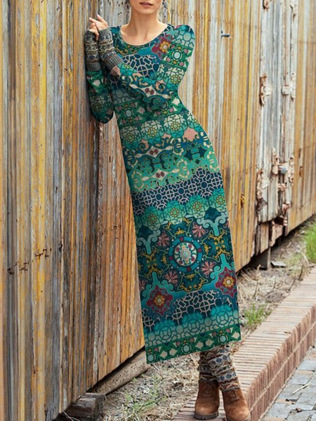 

Folk Mandala colorful Boho long Dress Plus Size, Green, Maxi Dresses