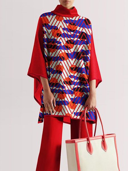 

Three Quarter Sleeve Loose Turtleneck Abstract Top, Red, Linen Tops