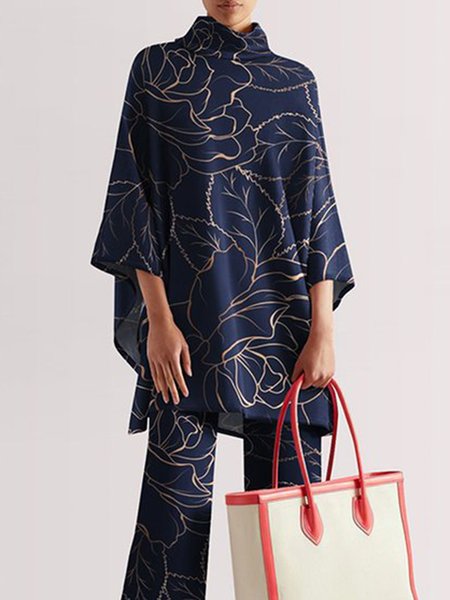 

Turtleneck Simple Three Quarter Sleeve Top, Blue, Tops