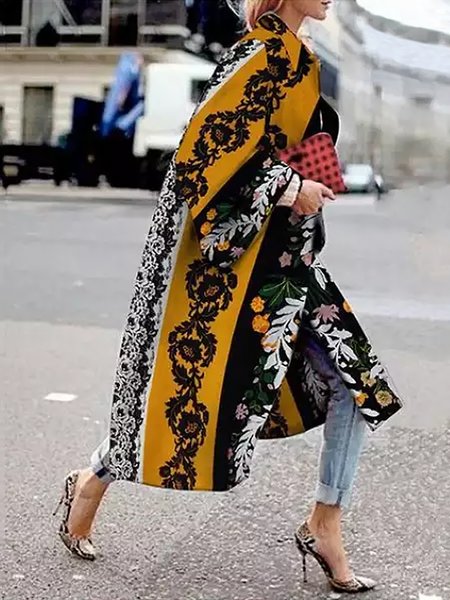 

Urban Floral Long Sleeve Loosen Overcoat, Black-yellow, Coats