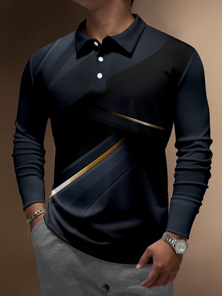 

Casual Art Collection 3D Gradient Striped Geometric Block Pattern Lapel Button Long Sleeve Print Polo Shirt, Deep blue, Long Sleeve T-shirts