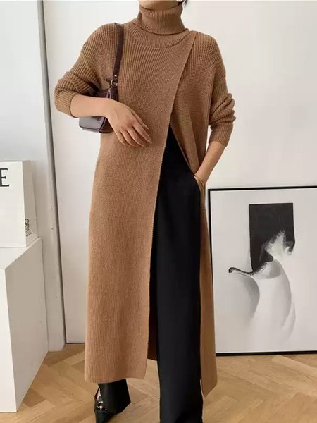 

Simple Plain Long Sleeve Loosen Sweater, Coffee, Pullovers