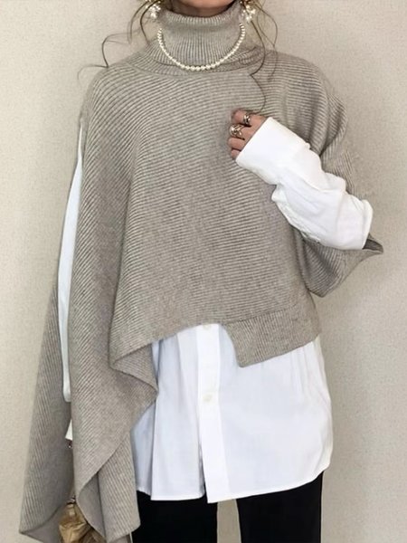 

Urban Plain Loose Turtleneck Irregular Sweater Cape, As picture, Pullovers