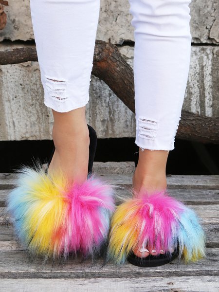 

Iridescent Multicolor Faux Fur Furry Slippers, As picture, Slippers