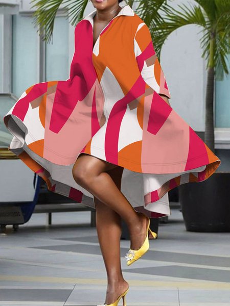 

Abstract Shirt Collar Urban Midi Dress, As picture, Midi Dresses