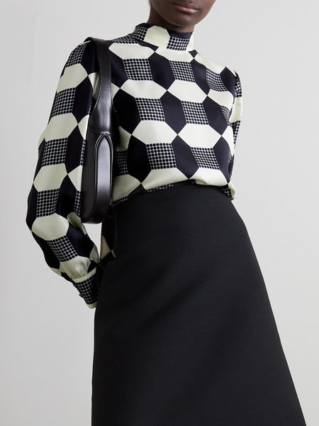 Stand Collar Geometric Regular Fit Blouse, Black-white, Blouses and Shirts