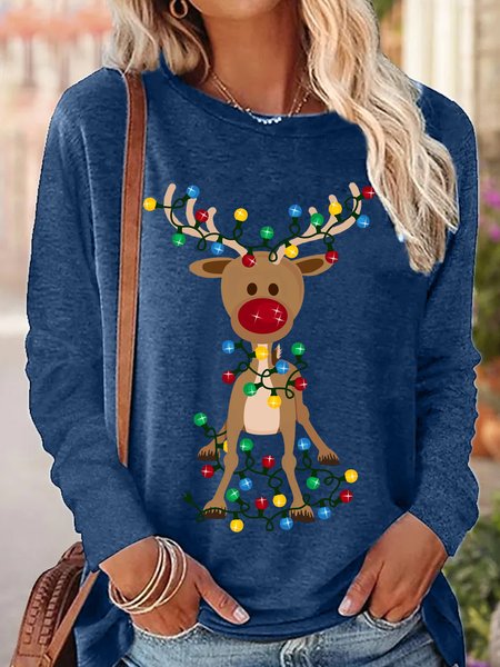 

Women's Christmas Elk Printed Crew Neck Casual Long Sleeve T-shirt, Blue, Long sleeves